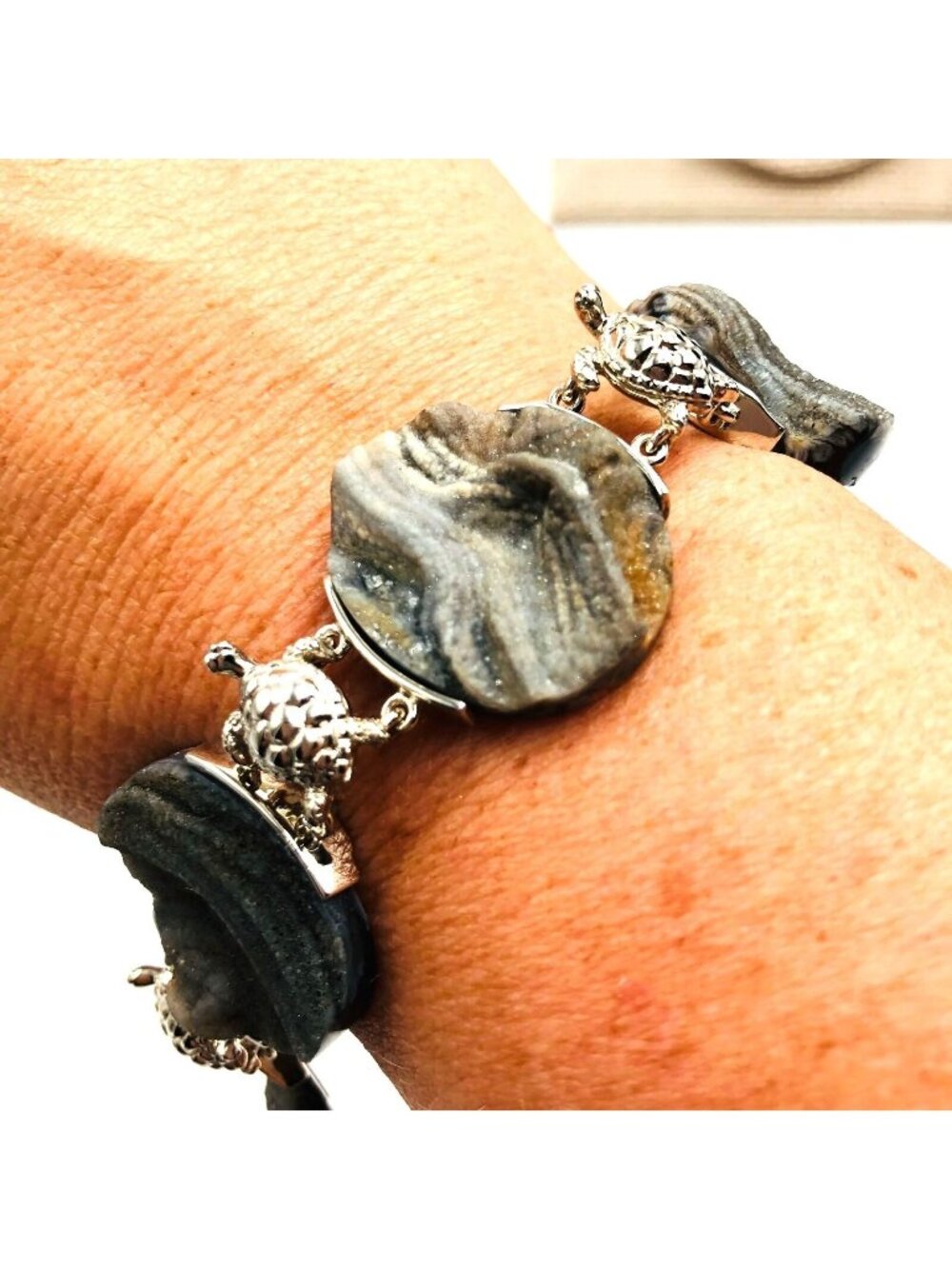 Rare Druzy Quartz Sterling Silver Turtle Bracelet